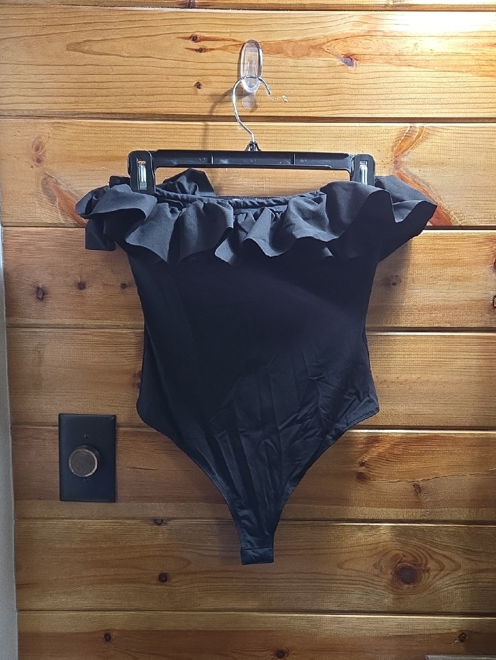 Altar'd State Black Off-Shoulder Ruffle One-Piece Bodysuit Thong Small 0429